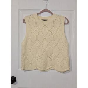 Callie Mac Cream Crochet Diamond Knit Tank Top Scalloped Hem Large